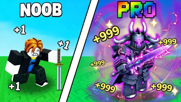 Official game thumbnail: noob with a katana next to a pro in dark armor with a glowing sword